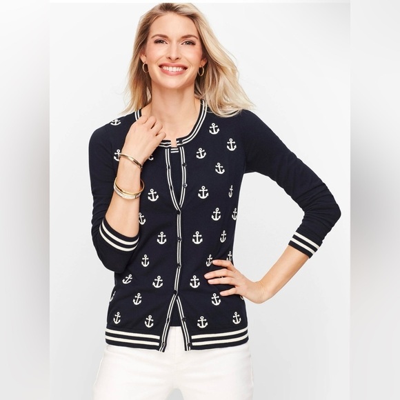 Talbots Nautical Cardigan Embroidered Anchors in Navy Blue & White Size MP - Picture 1 of 8